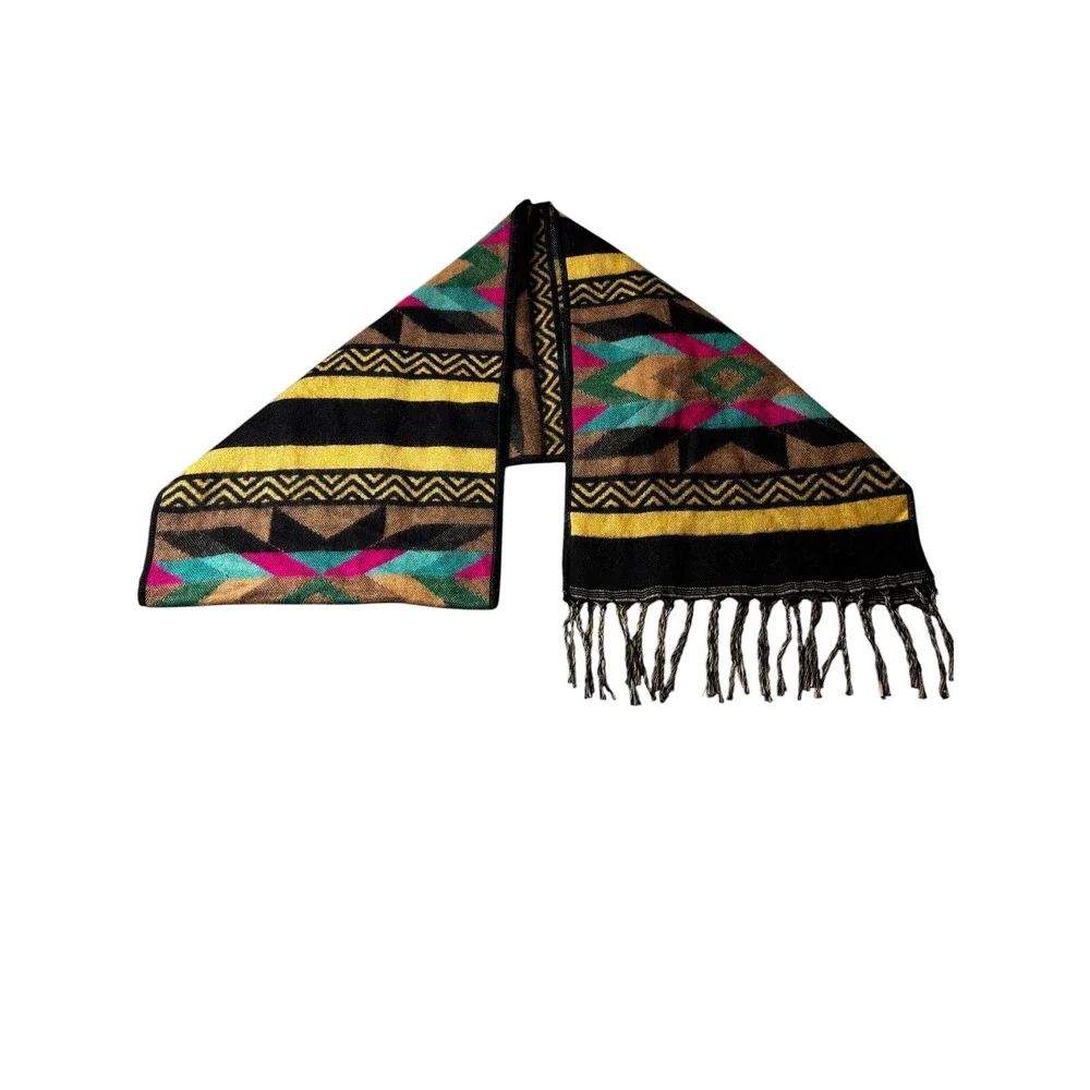 El Paso Saddleblanket Co Southwestern Geometric Fringe Scarf Black Yellow Pink